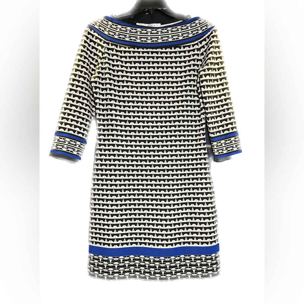 Retro mod style Black & white dress patterned with blue trimming